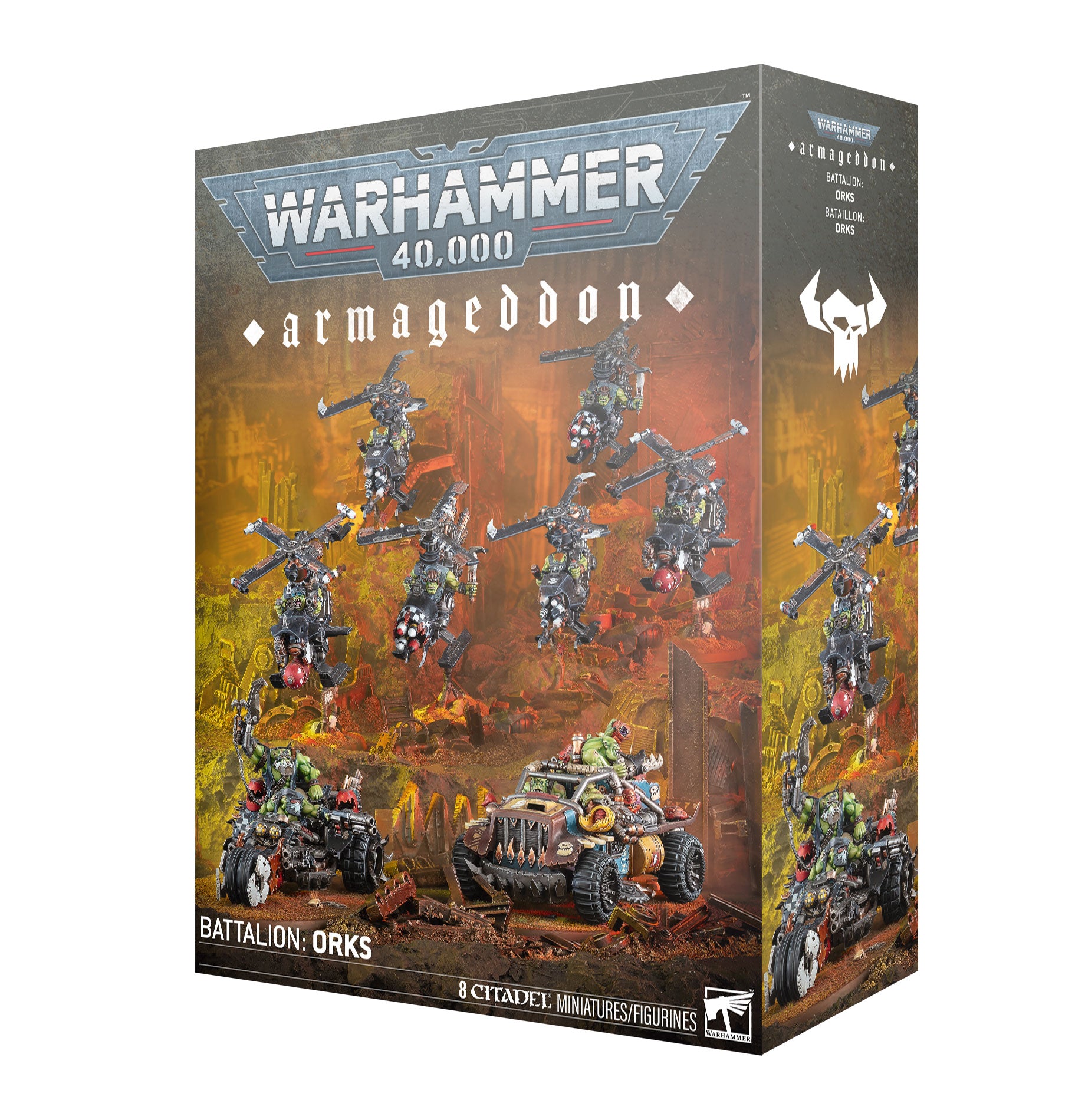 Warhammer 40,000 - Orks - Armageddon Battalion (PREORDER) - Warhammer 40,000 Armageddon Battalion box featuring green-skinned Ork miniatures with weapons and a heavily armored tank on.