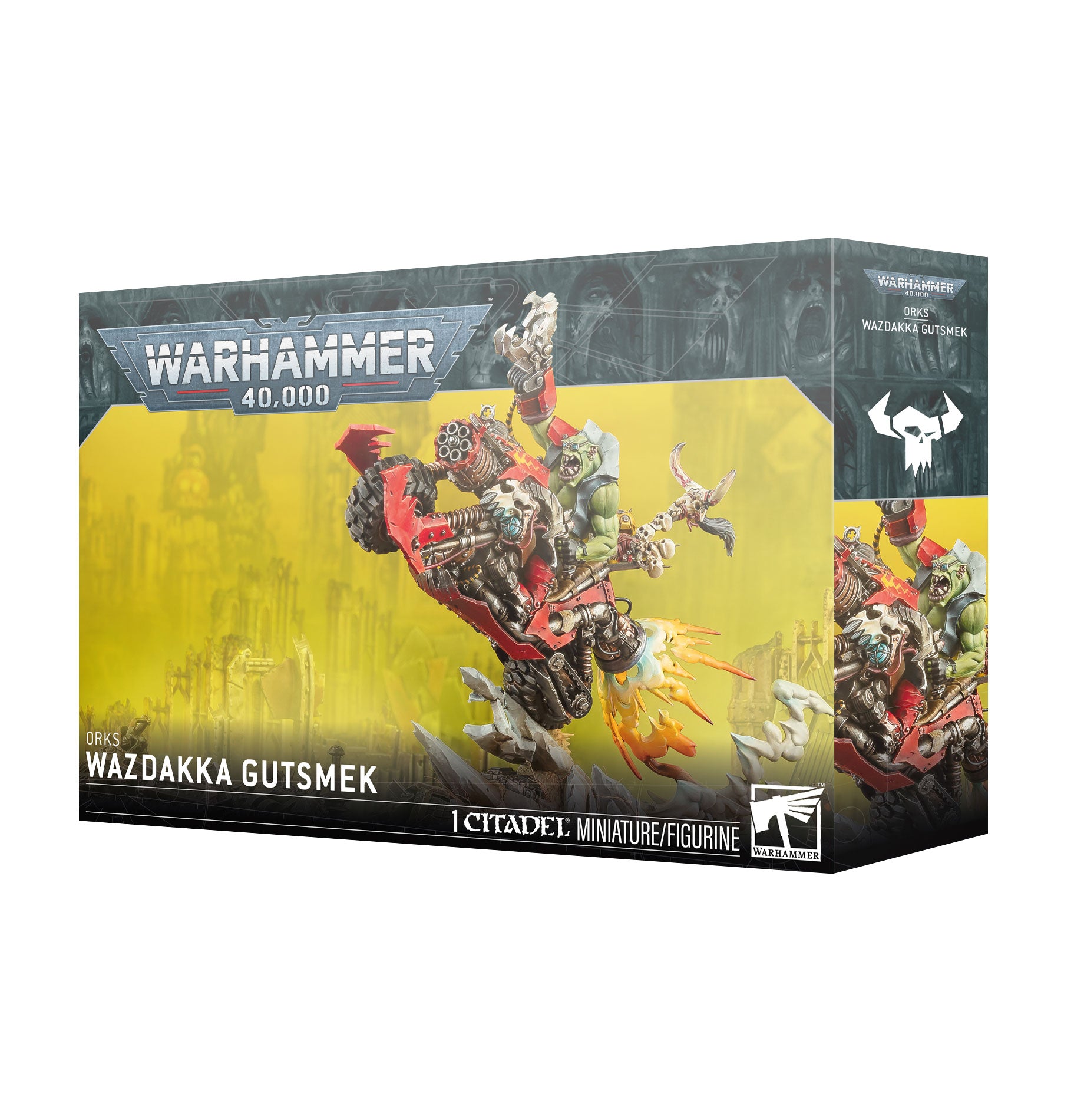 Warhammer 40,000 - Astra Militarum - Wazdakka Gutsmek (PREORDER) - Warhammer 40,000 Astra Militarum Wazdakka Gutsmek miniature on boxed packaging with red and metallic model illustration on.