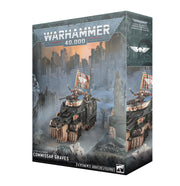 Warhammer 40,000 - Astra Militarum - Commissar Graves (PREORDER) - Warhammer 40,000 Commissar Graves model kit box with dark futuristic city background and armored Imperial vehicle.