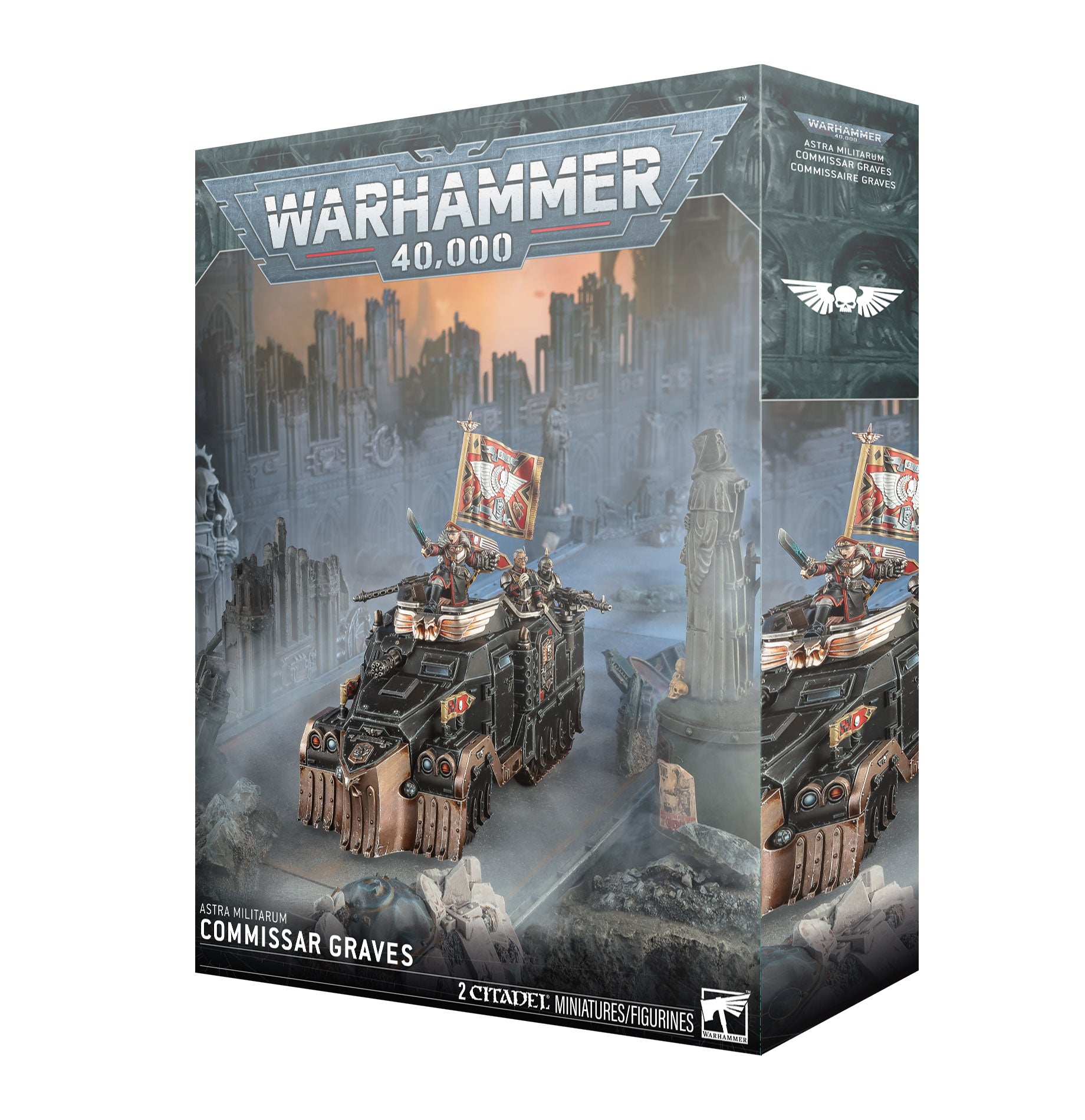 Warhammer 40,000 - Astra Militarum - Commissar Graves (PREORDER) - Warhammer 40,000 Commissar Graves model kit box with dark futuristic city background and armored Imperial vehicle.