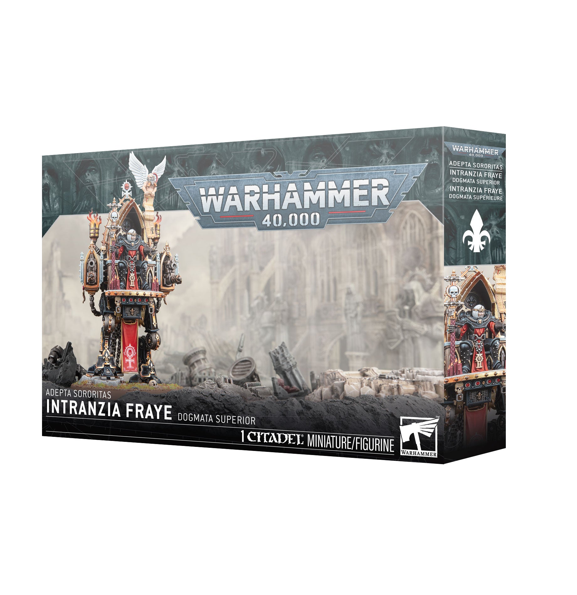 Warhammer 40,000 - Adepta Sororitas - Intranzia Fraye (PREORDER) - Warhammer 40,000 Intranzia Fraye Adepta Sororitas miniature kit box with gothic cathedral background and character artwork.
