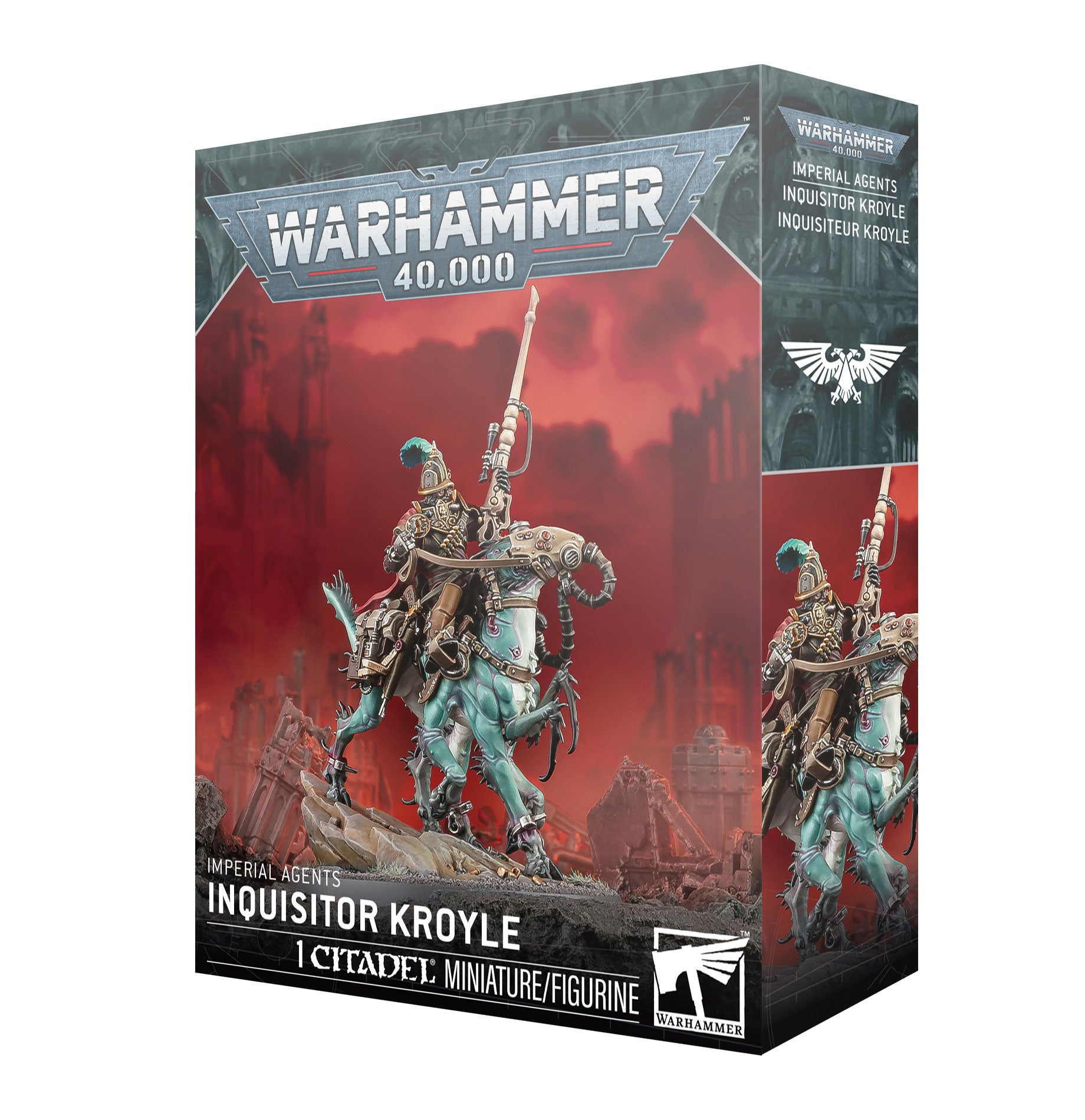Warhammer 40,000 - Imperial Agents - Inquisitor Kroyle (PREORDER) - Warhammer 40,000 Inquisitor Kroyle miniature box featuring detailed armored figure with long cape and weapon against red and