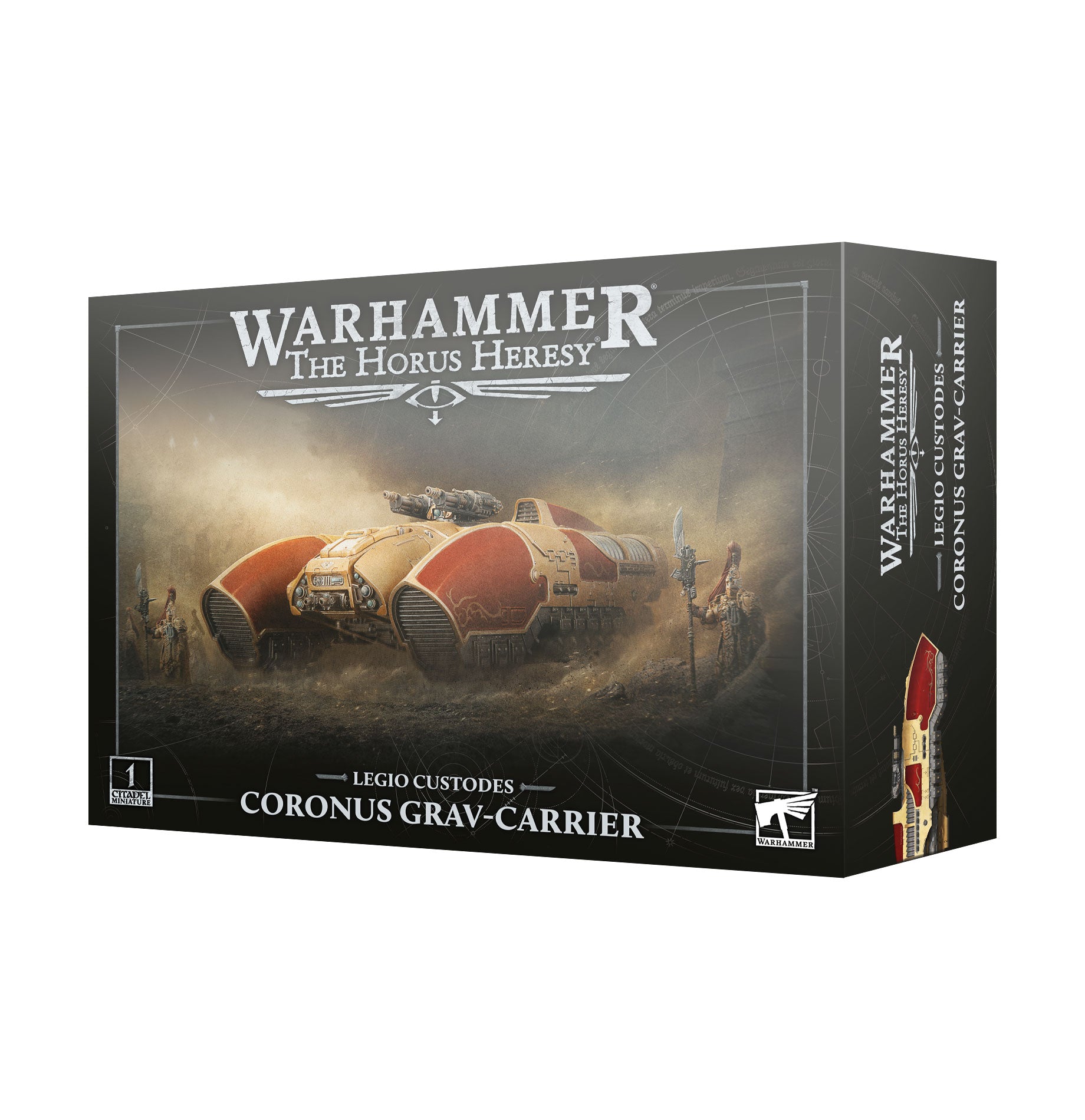 Warhammer: The Horus Heresy - Legio Custodes - Coronus Grav-carrier (PREORDER) - Warhammer Horus Heresy Legio Custodes Coronus Grav-carrier model box featuring a red and gold futuristic armored vehicle on.