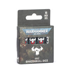 Warhammer 40,000 - Orks - Ghazghkull Dice (PREORDER) - Set of 16 black dice with white skull and red details in a dark Warhammer 40,000 Orks Ghazghkull-themed box.