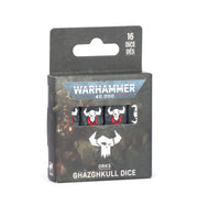 Warhammer 40,000 - Orks - Ghazghkull Dice (PREORDER) - Set of 16 black dice with white skull and red details in a dark Warhammer 40,000 Orks Ghazghkull-themed box.