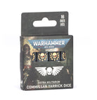 Warhammer 40,000 - Astra Militarum - Commissar Yarrick Dice (PREORDER) - Set of 16 black dice featuring skull and cog designs in white, packaged in Warhammer 40,000 Astra Militarum box.