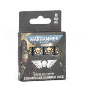 Warhammer 40,000 - Astra Militarum - Commissar Yarrick Dice (PREORDER) - Set of 16 black dice featuring skull and cog designs in white, packaged in Warhammer 40,000 Astra Militarum box.
