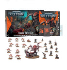 Kill Team: Terror on Devlan - Terror on Devlan set with a large menacing creature and multiple detailed miniature figures in red and gray on a white.