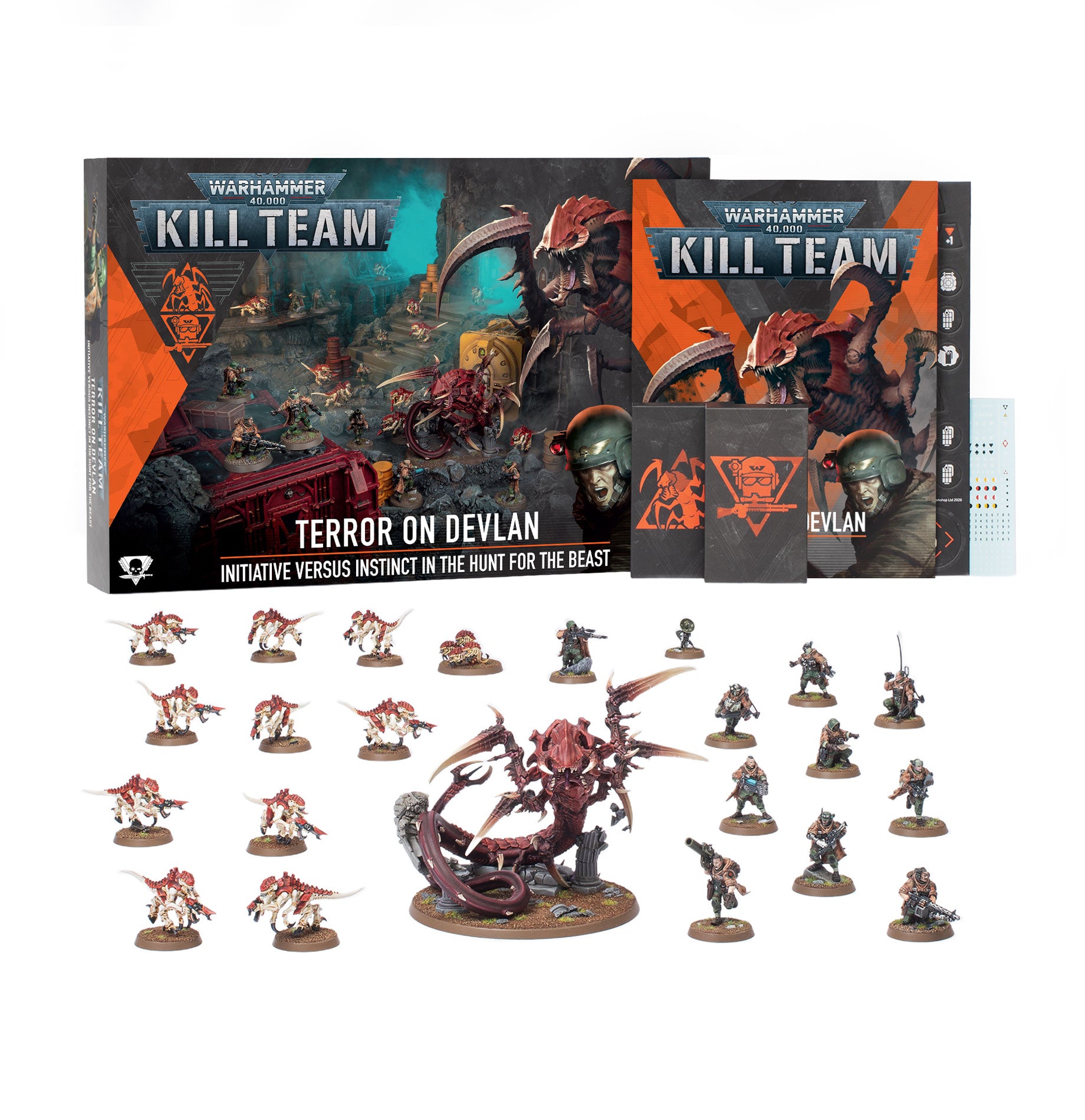 Kill Team: Terror on Devlan - Terror on Devlan set with a large menacing creature and multiple detailed miniature figures in red and gray on a white.