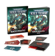 Kill Team: Nemesis Operatives - Warhammer Kill Team Nemesis Operatives box with detailed sci-fi artwork, rulebook, and game cards set on a white background.