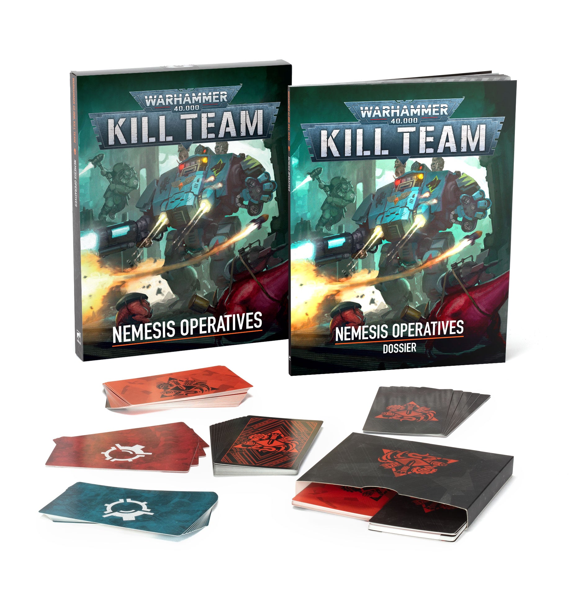 Kill Team: Nemesis Operatives - Warhammer Kill Team Nemesis Operatives box with detailed sci-fi artwork, rulebook, and game cards set on a white background.