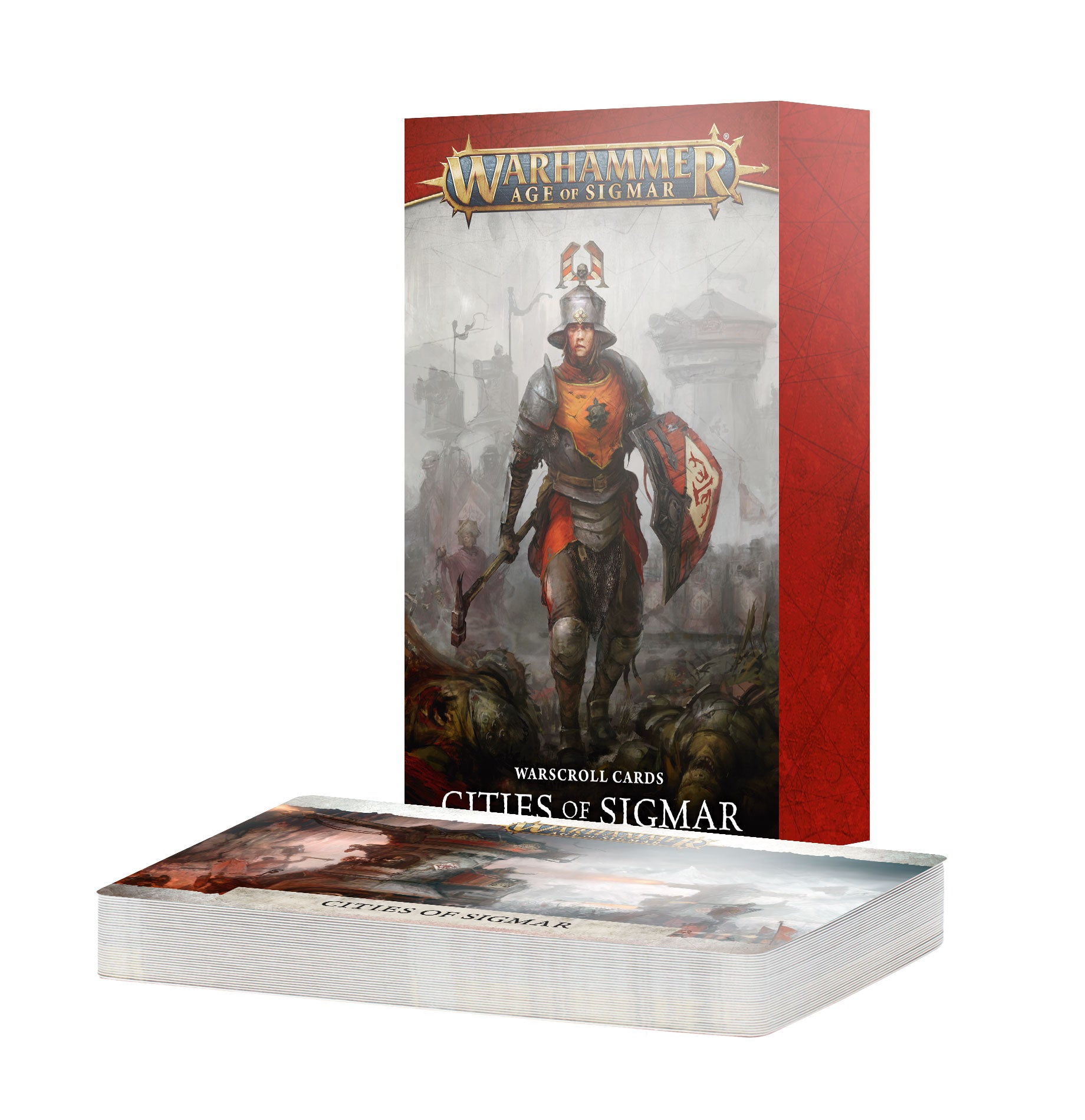 Warhammer Age of Sigmar - Cities of Sigmar - Warscroll Cards (PREORDER) - Warhammer Age of Sigmar Warscroll Cards deck and box featuring knight warrior artwork with red and gray tones.