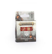 Warhammer Age of Sigmar - Cities of Sigmar - Dice (PREORDER) - Set of 16 red six-sided dice with gold symbols in Warhammer Age of Sigmar-themed boxed packaging.