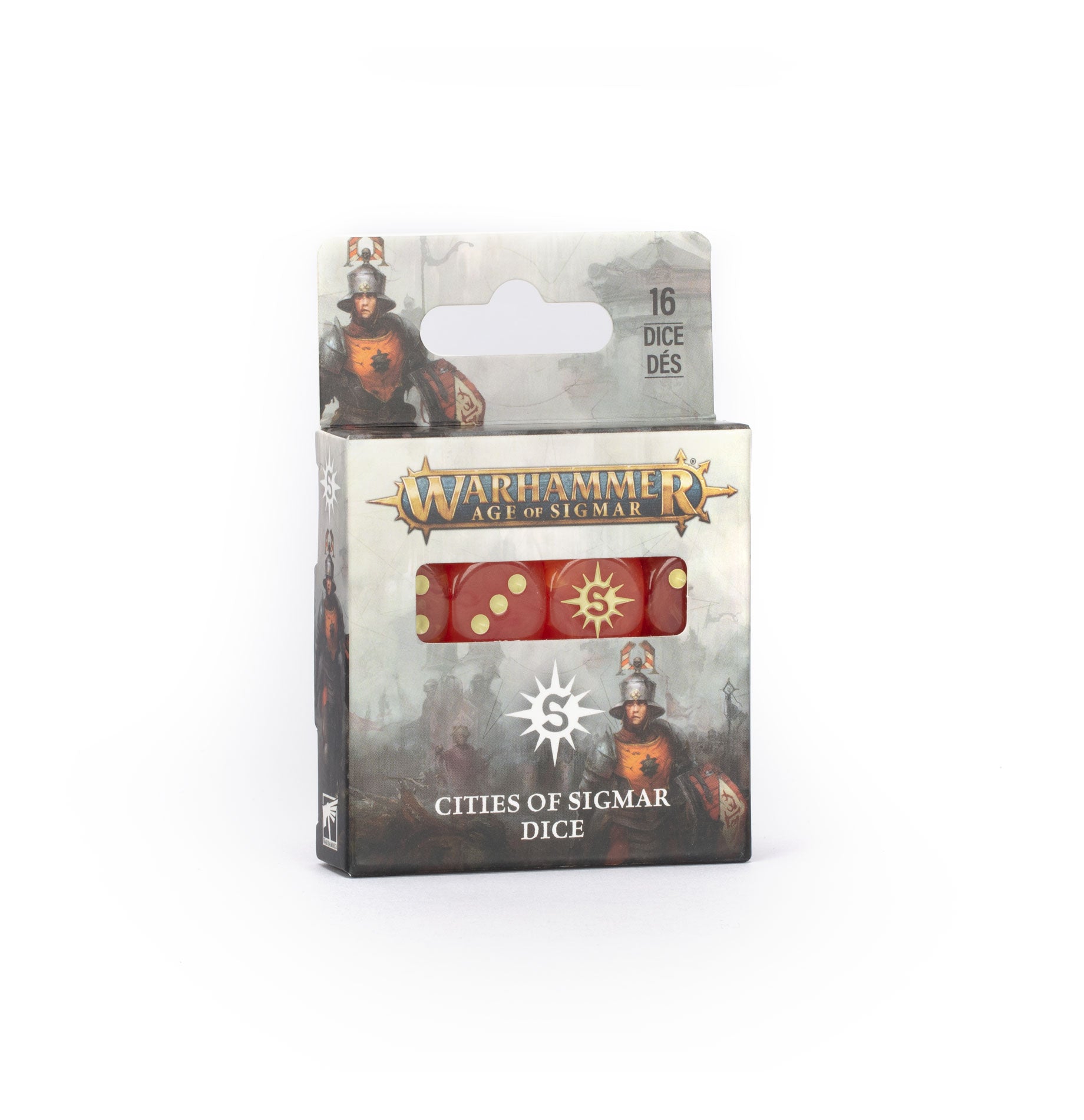 Warhammer Age of Sigmar - Cities of Sigmar - Dice (PREORDER) - Set of 16 red six-sided dice with gold symbols in Warhammer Age of Sigmar-themed boxed packaging.