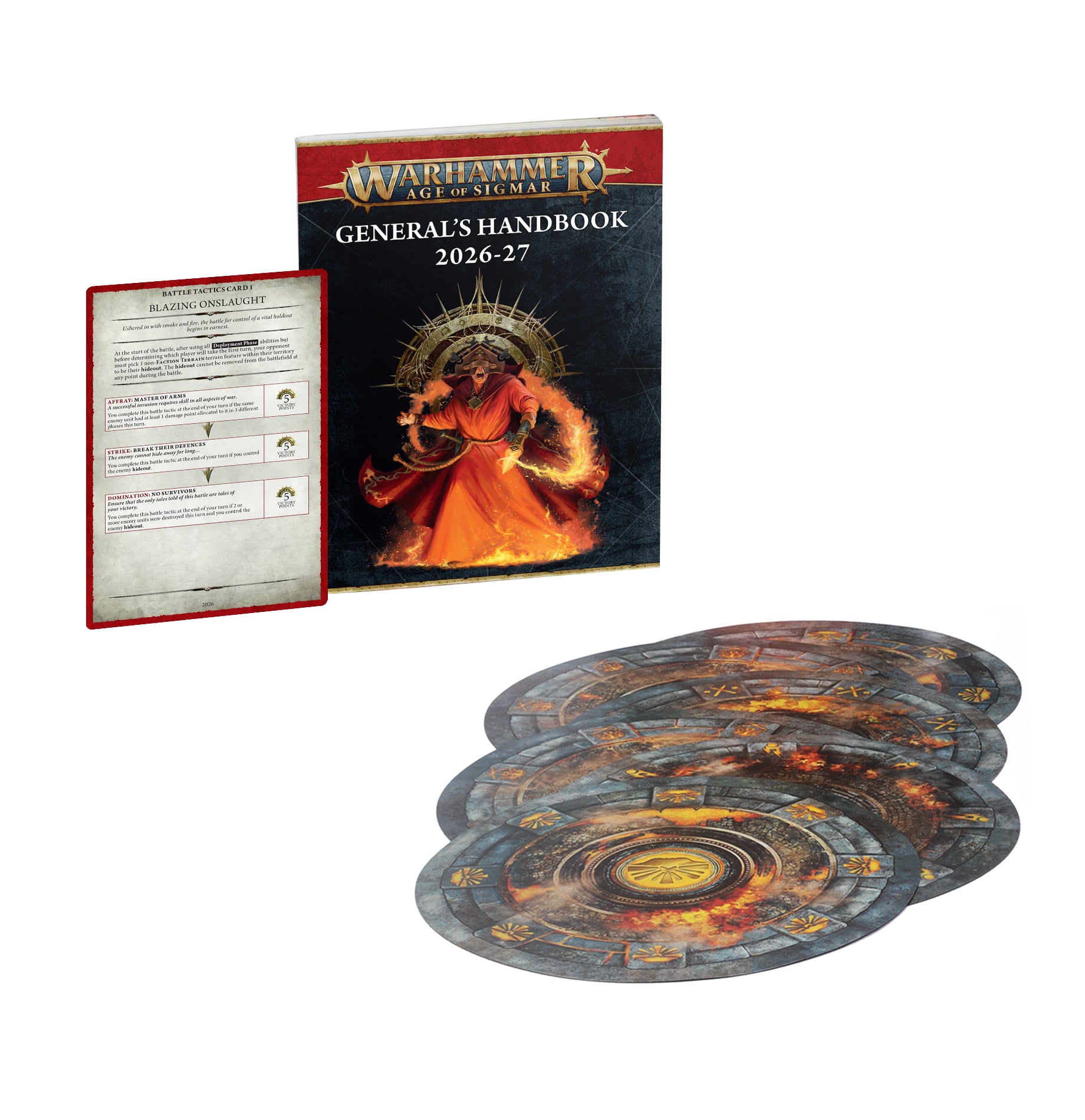 Warhammer Age of Sigmar - General's Handbook 2026-27 (PREORDER) - Warhammer Age of Sigmar General's Handbook 2026-27 with fiery warrior cover art and four round, detailed game mats.