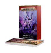 Warhammer Age of Sigmar - Hedonites of Slaanesh - Warscroll Cards (PREORDER) - Tall rectangular box with purple and pink fantasy artwork of a armored figure, labeled "Hedonites of Slaanesh," accompanied.