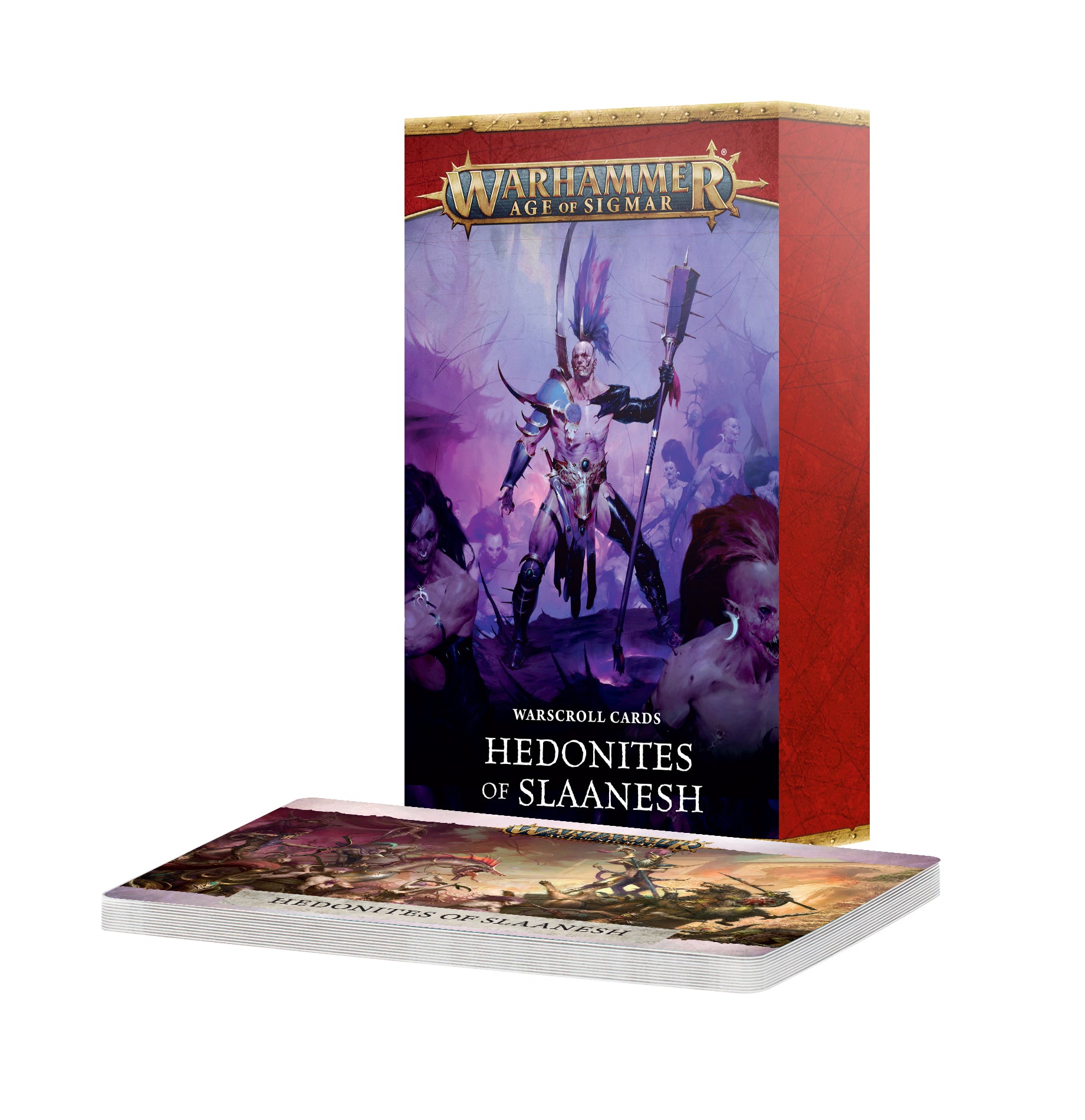 Warhammer Age of Sigmar - Hedonites of Slaanesh - Warscroll Cards (PREORDER) - Tall rectangular box with purple and pink fantasy artwork of a armored figure, labeled "Hedonites of Slaanesh," accompanied.