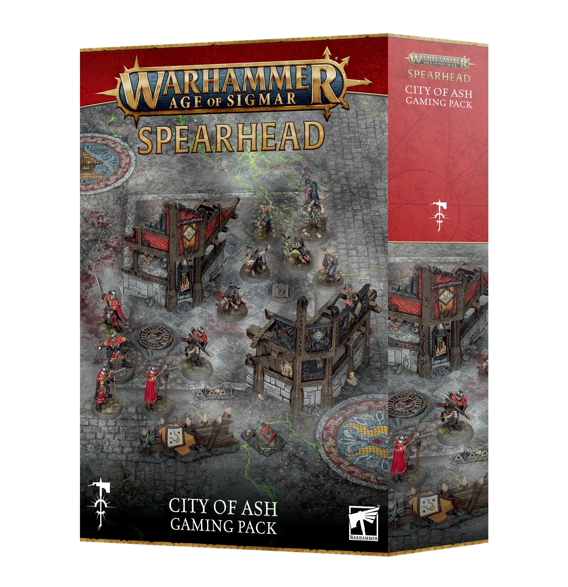 Warhammer Age of Sigmar - Spearhead - City of Ash Gaming Pack (PREORDER) - Warhammer Age of Sigmar Spearhead City of Ash Gaming Pack box featuring detailed miniatures and city terrain pieces in dark.