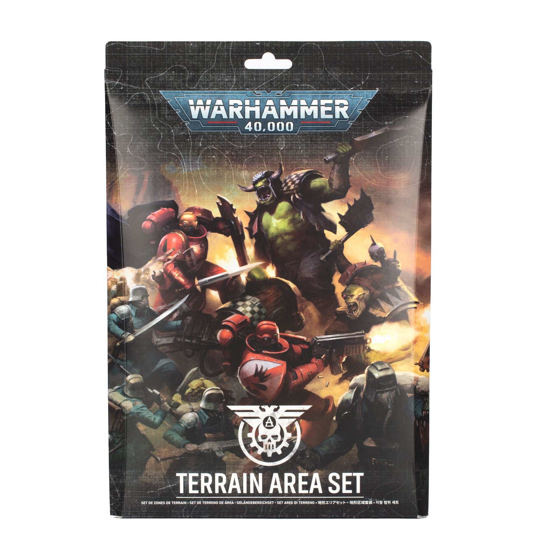 Warhammer 40,000 - Terrain Area Set (PREORDER) - Warhammer 40,000 Terrain Area Set packaging with vibrant sci-fi battle art and dark textured background.