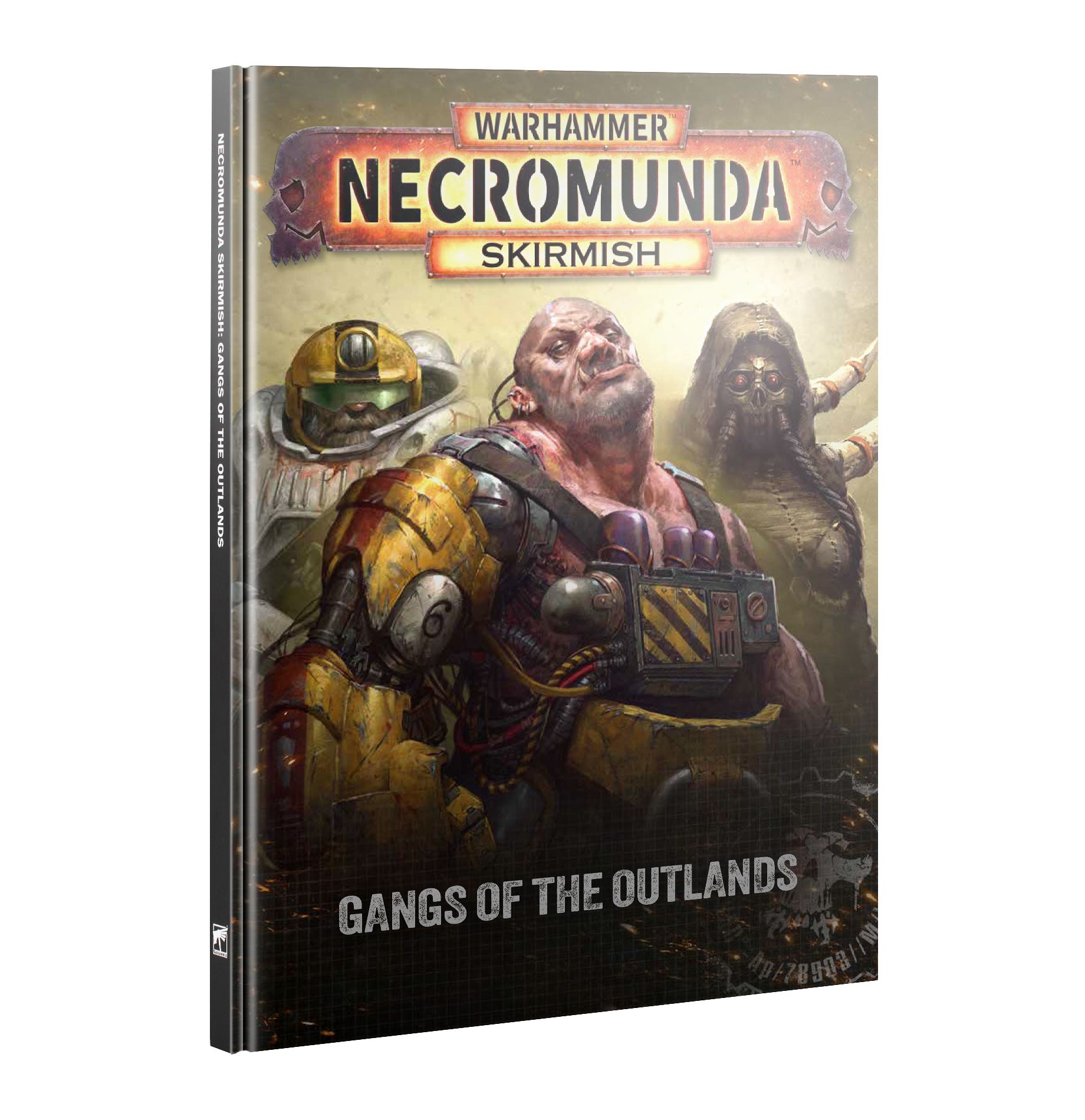 Warhammer Necromunda Skirmish - Gangs of The Outlands - Hardcover Warhammer Necromunda Skirmish rulebook with gritty sci-fi gang characters on cover, dark color palette.
