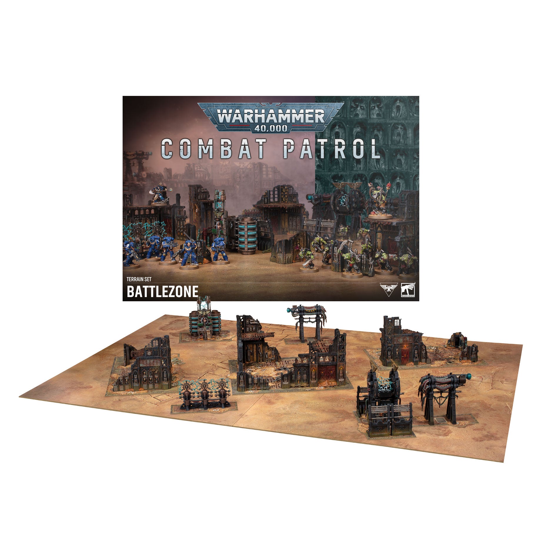 Warhammer 40,000 - Combat Patrol Terrain Set Battlezone (PREORDER) - Warhammer 40,000 Combat Patrol Battlezone set with modular dark gray and brown sci-fi terrain pieces on a sandy battlefield.