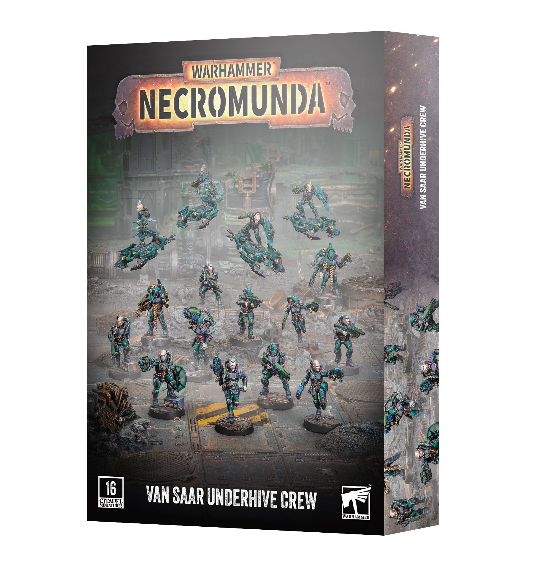 Warhammer Necromunda - Van Saar Underhive Crew - Warhammer Necromunda Van Saar Underhive Crew box featuring 16 detailed sci-fi armored miniatures with teal and metallic gray
