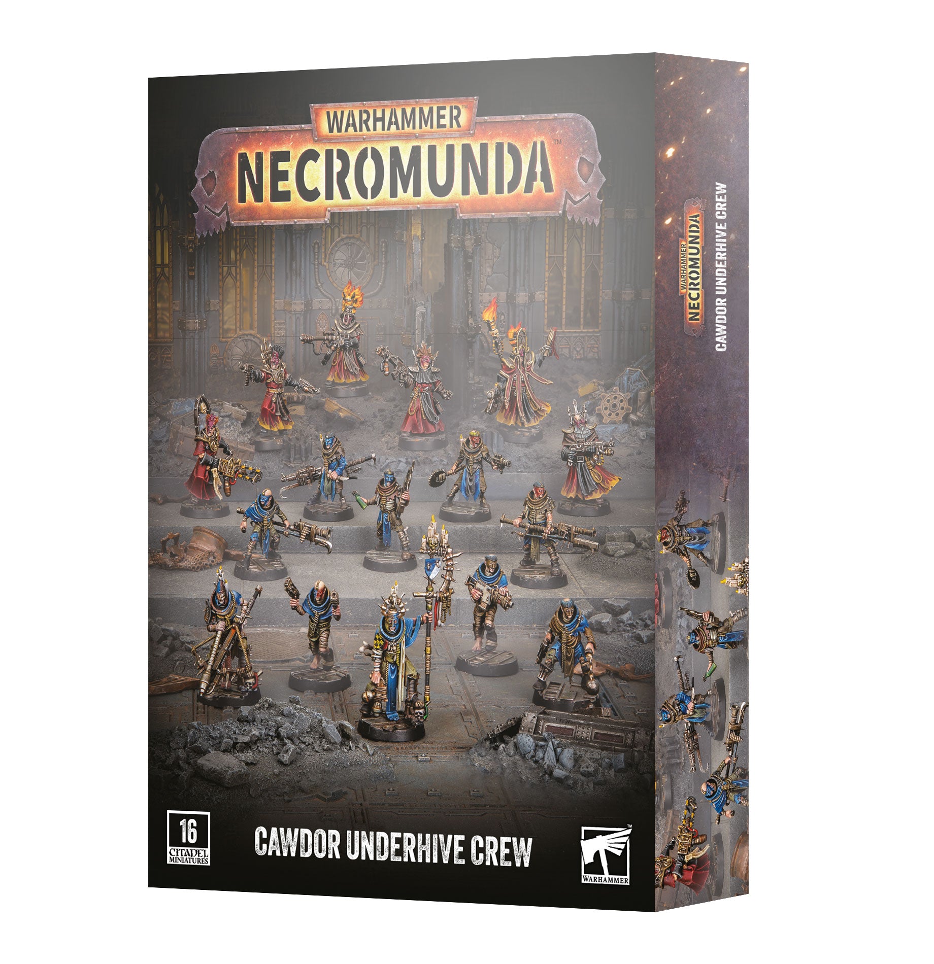 Warhammer Necromunda - Cawdor Underhive Crew - Warhammer Necromunda Cawdor Underhive Crew box featuring detailed painted miniatures in red and beige armor with weapons on.