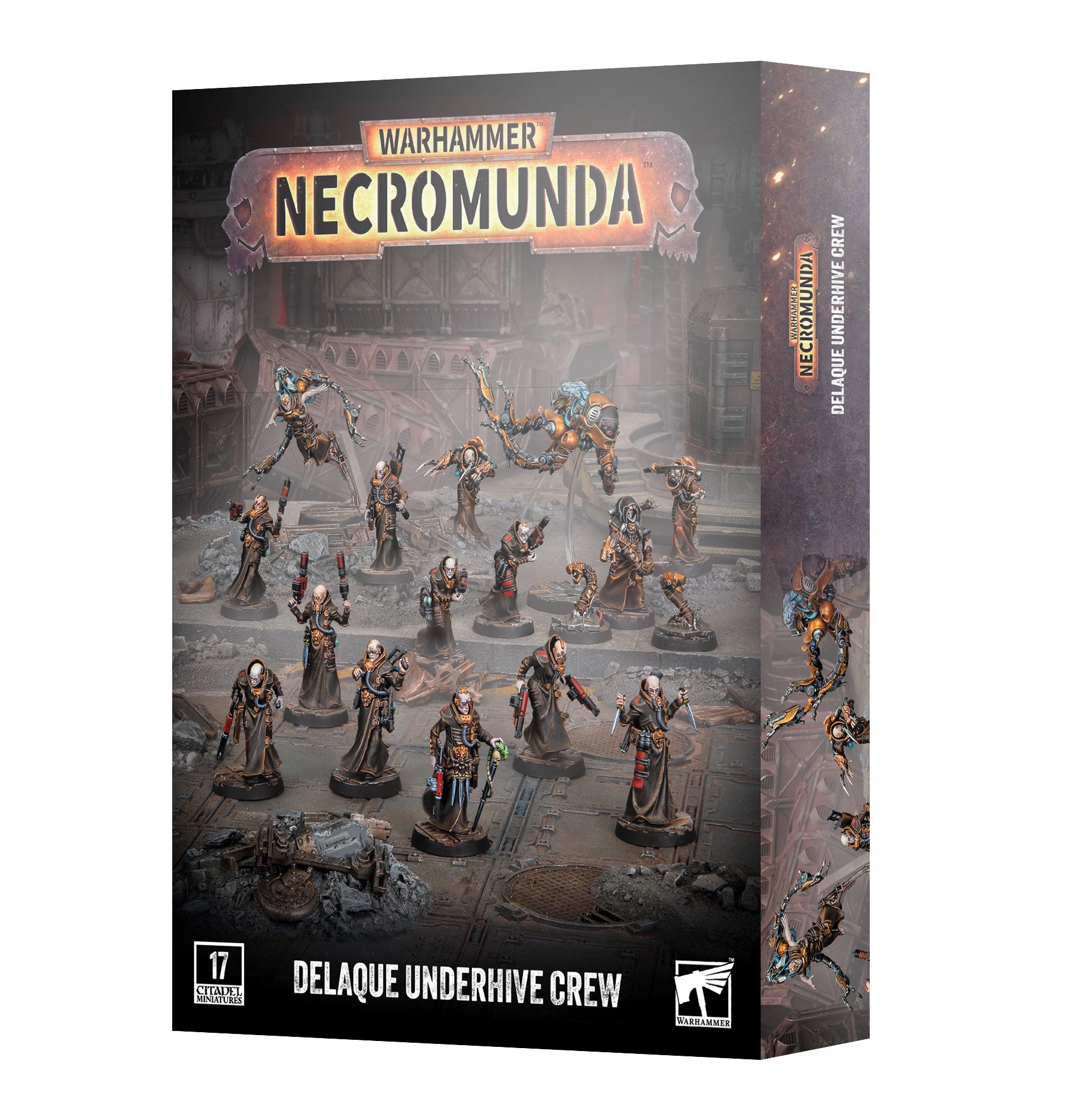 Warhammer Necromunda - Delaque Underhive Crew - Warhammer Necromunda Delaque Underhive Crew box featuring detailed painted miniatures in dark, muted tones with futuristic,.