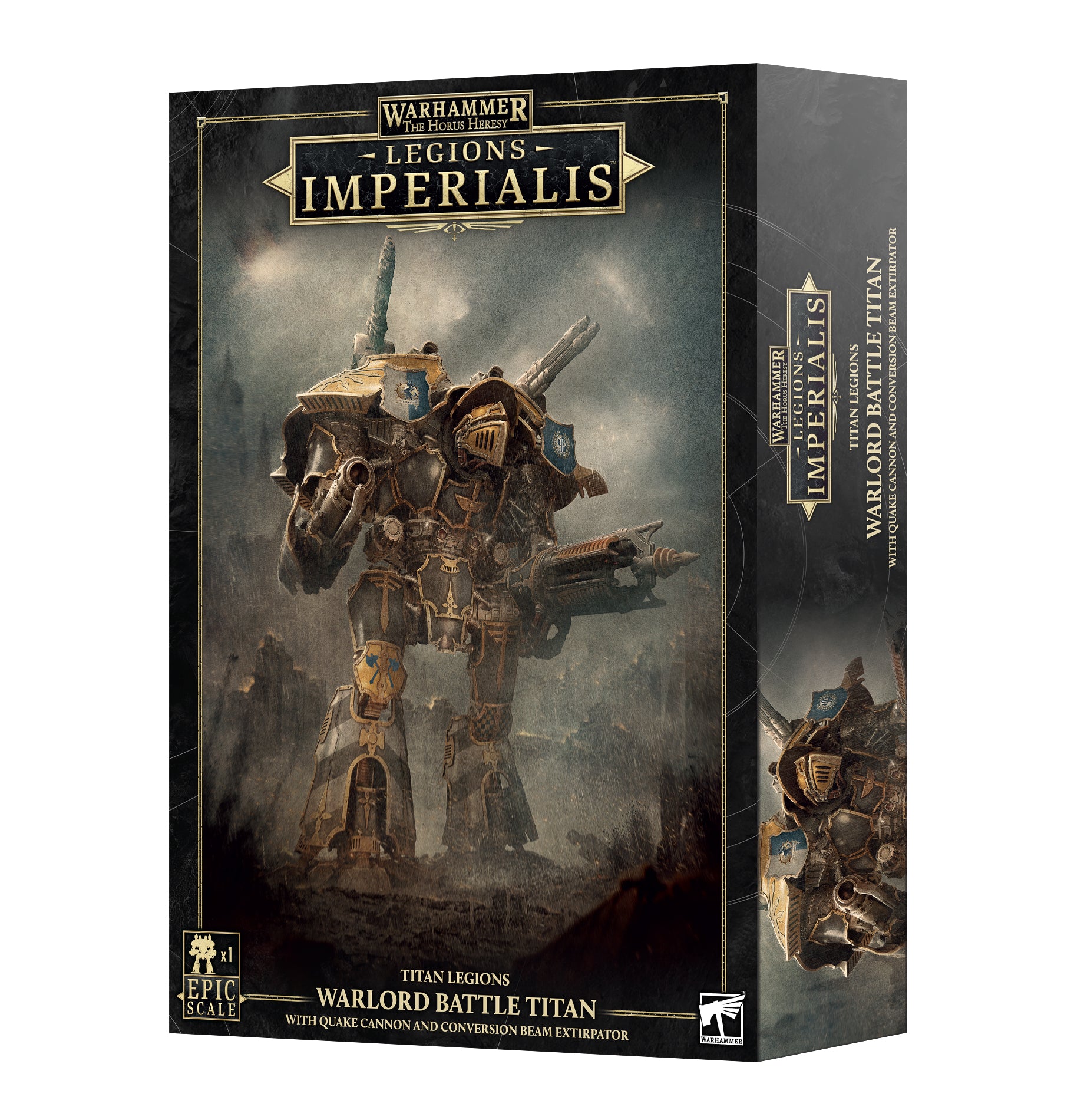 Warhammer: The Horus Heresy - Legions Imperialis - Warlord Titan with Quake Cannon and Conversion Beam Extirpator (PREORDER) - Black and gold Warlord Titan model with heavy armor, quake cannon, and conversion beam extirpator on box art.