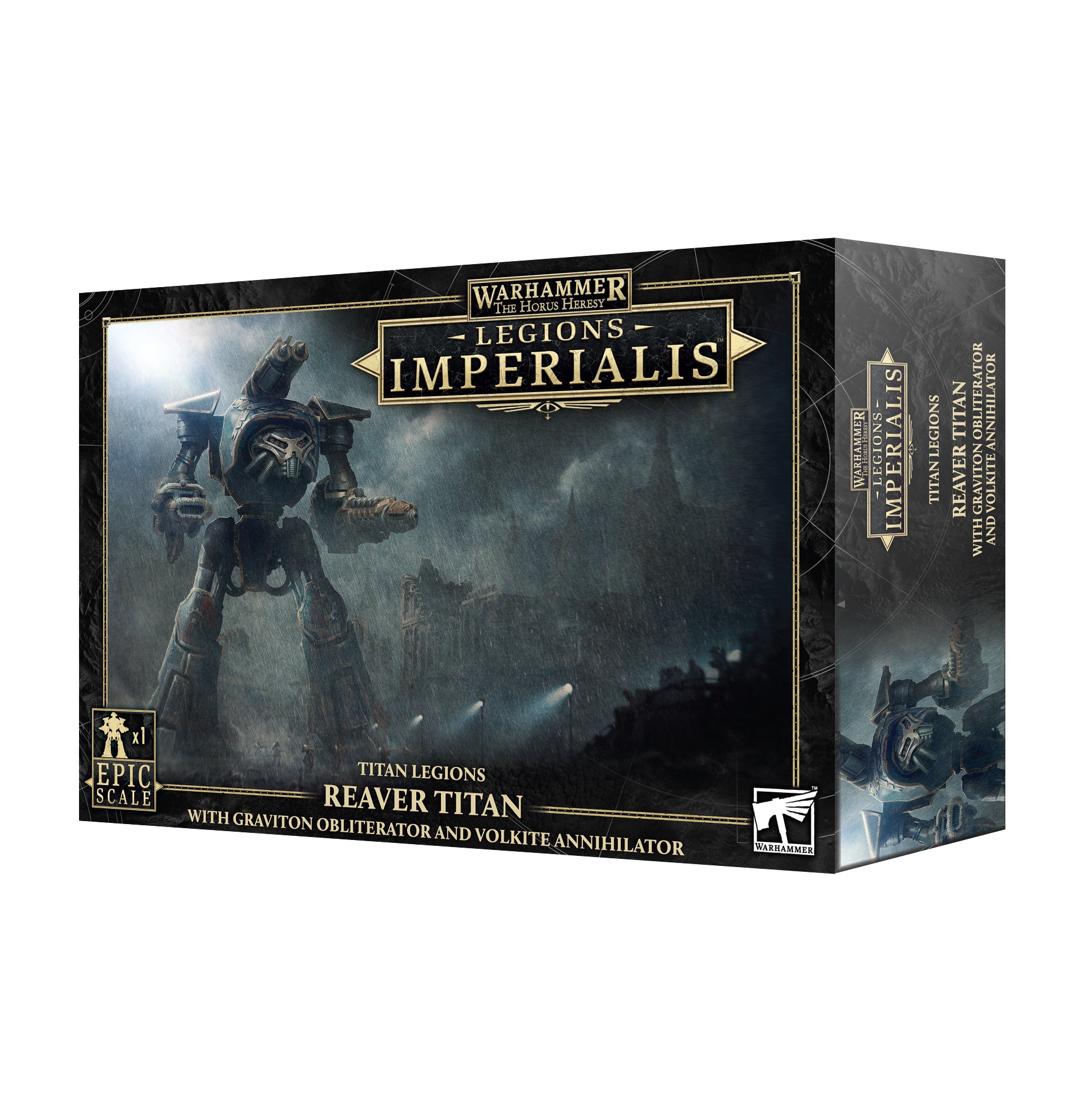 Warhammer: The Horus Heresy - Legions Imperialis - Reaver Titan with Graviton Obliterator and Volkite Annihilator (PREORDER) - Warhammer Legions Imperialis Reaver Titan model box art showing a large armored mech with graviton obliterator and volkite.