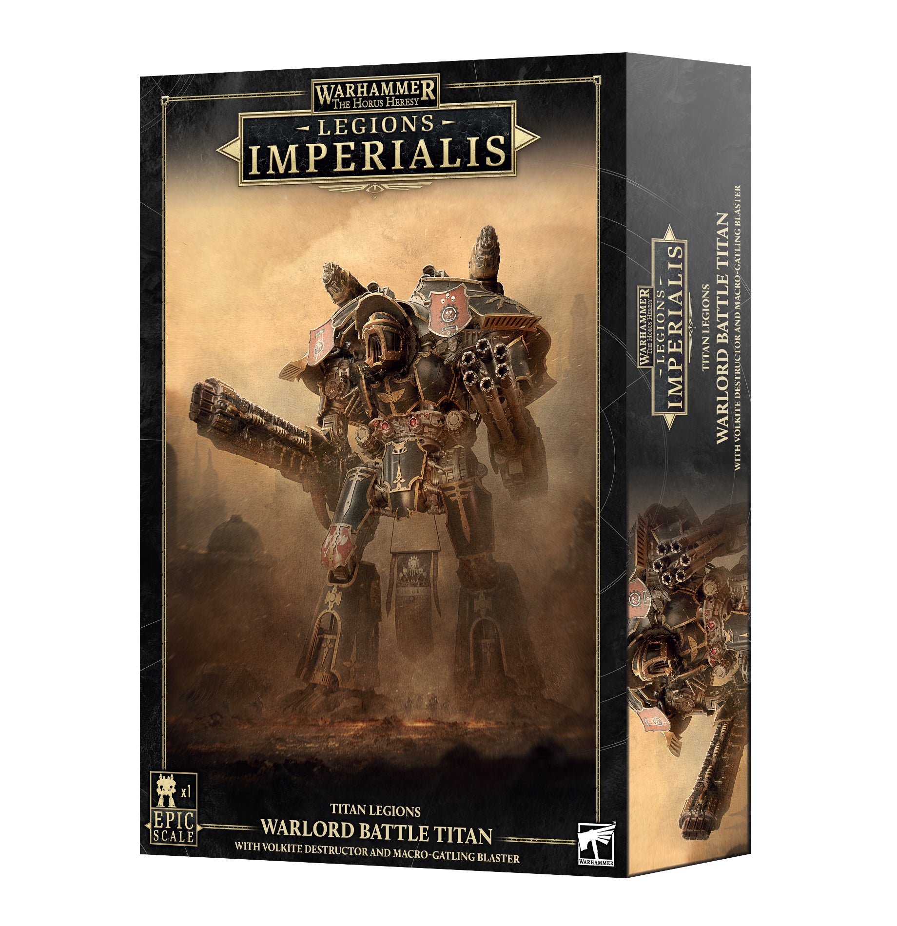 Warhammer: The Horus Heresy - Legions Imperialis - Warlord Titan with Volkite Destructor and Macro-Gatling Blaster (PREORDER) - Warhammer Warlord Titan model box art featuring large robotic titan with bulky armor, Volkite Destructor, and Macro-Gatling.