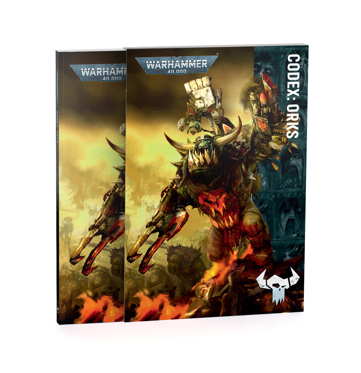 Warhammer 40,000 - Orks - Codex (PREORDER) - Warhammer 40,000 Codex Orks book with green-skinned ork warrior wielding large weapons on fiery cover.