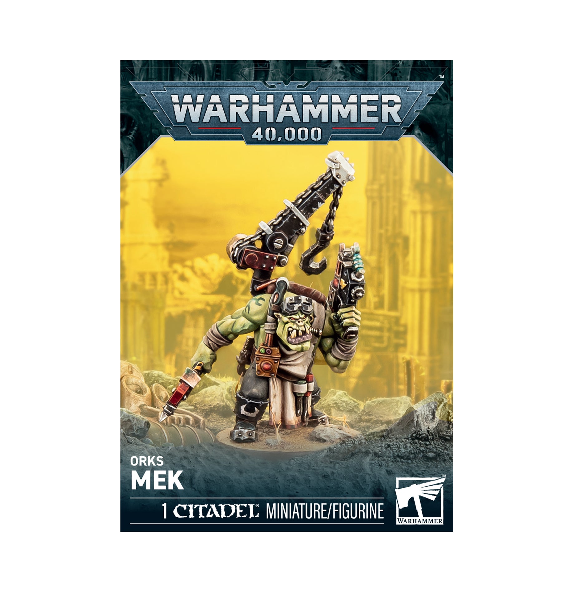 Warhammer 40,000 - Orks - Mek (PREORDER) - Green-skinned Ork Mek miniature with mechanical arm, wielding a wrench and wearing metal armor.