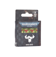 Warhammer 40,000 - Orks - Dice (PREORDER) - Set of green six-sided dice with red Ork glyphs, packaged in a dark Warhammer 40,000 Orks-themed box.