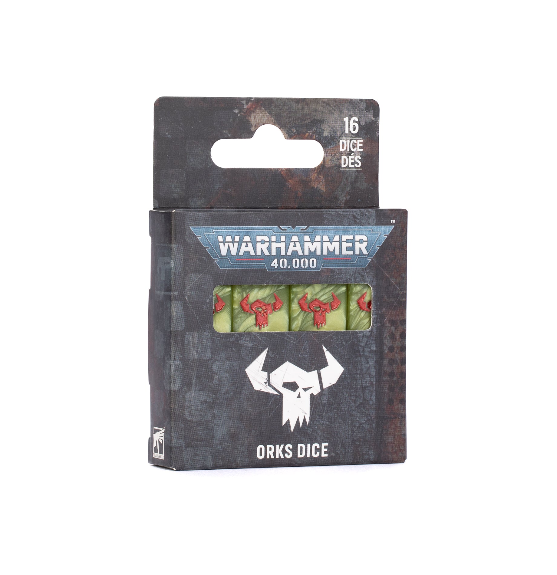 Warhammer 40,000 - Orks - Dice (PREORDER) - Set of green six-sided dice with red Ork glyphs, packaged in a dark Warhammer 40,000 Orks-themed box.
