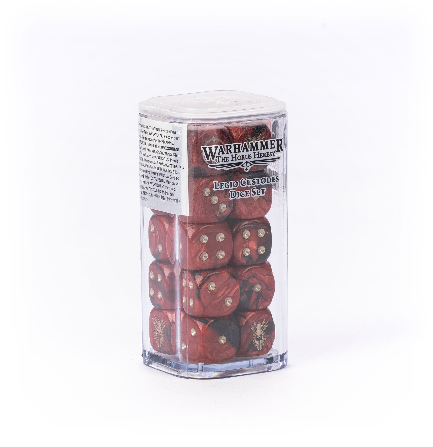 Warhammer: The Horus Heresy - Custodes - Dice (PREORDER) - Set of twelve red six-sided dice with gold pips and Warhammer Custodes symbols, in a clear plastic case.