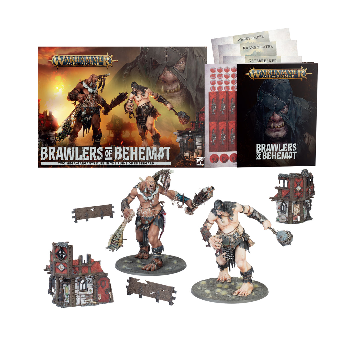 Warhammer Age of Sigmar - Brawlers of Behemat (PREORDER) - Warhammer Age of Sigmar set with two large muscular miniature beasts wielding weapons, detailed painted bases, small ruined.