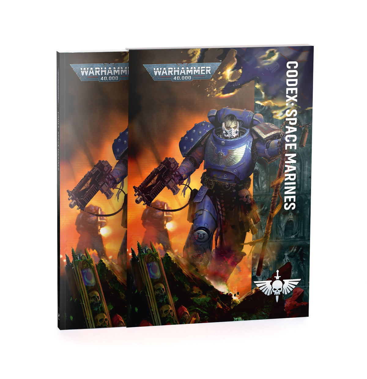 Warhammer 40,000 - Space Marines - Codex (PREORDER) - Warhammer 40,000 Codex book featuring a blue-armored Space Marine in battle with fiery background and dark green terrain.
