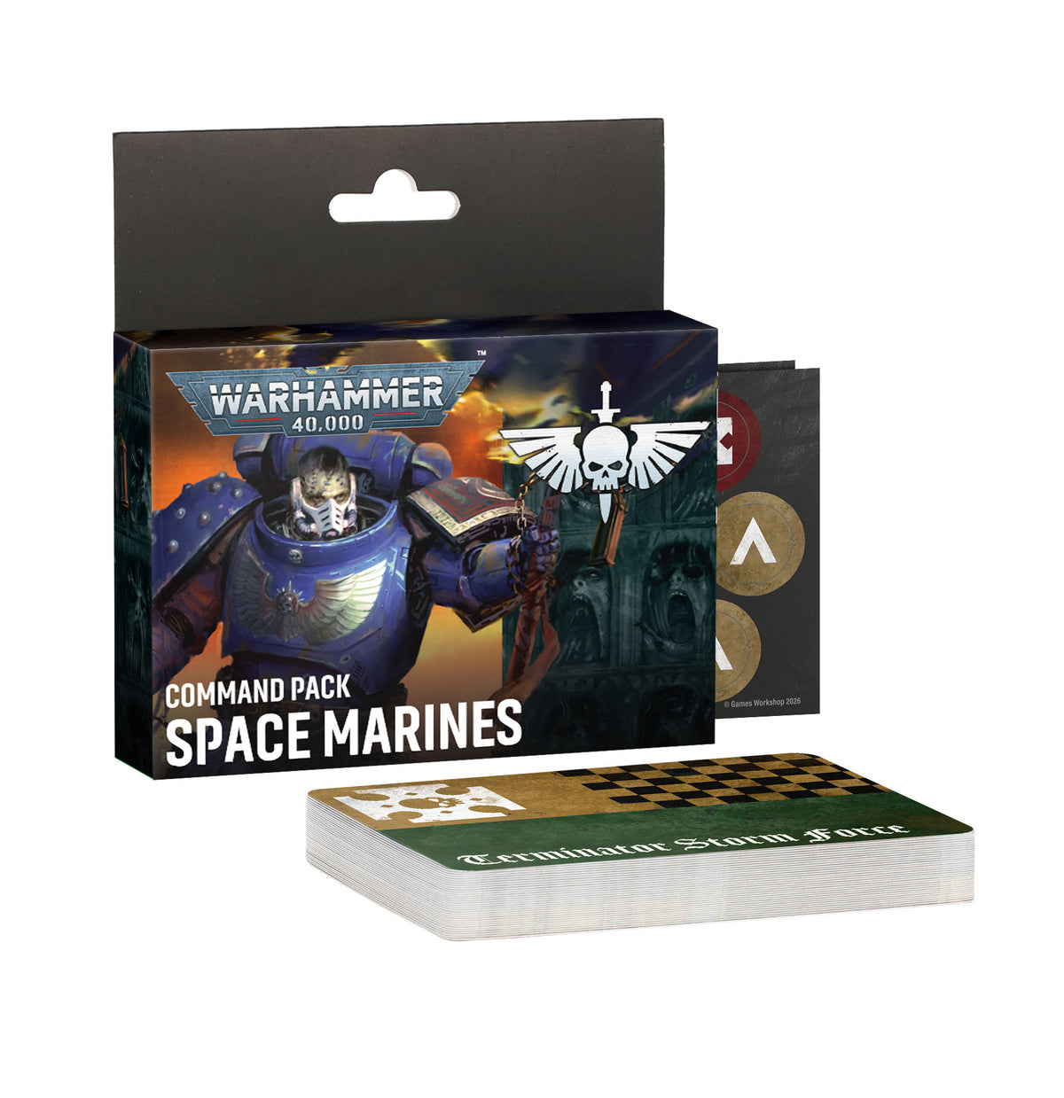 Warhammer 40,000 - Space Marines - Command Pack (PREORDER) - Warhammer 40,000 Space Marines Command Pack box with illustrated blue-armored Space Marine and game cards displayed.