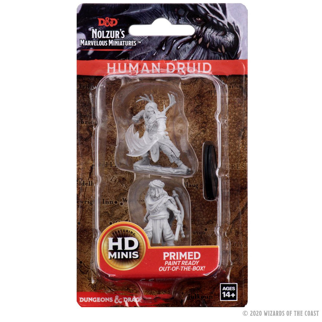 D&D Nolzur's Marvelous Miniatures: Male Human Druid - Set of two unpainted grey plastic miniature figurines depicting a male druid with staff and animal companion, packaged with.