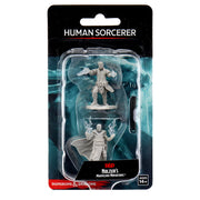 D&D Nolzur's Marvelous Miniatures: Male Human Sorcerer - Unpainted beige plastic miniature of a male sorcerer casting a spell with one hand raised, wearing robes and standing on a.