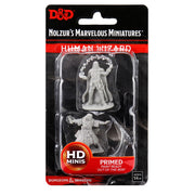D&D Nolzur's Marvelous Miniatures: Male Human Wizard - Gray plastic miniature of a male human wizard with flowing robes and staff, displayed in blister packaging labeled D&D.