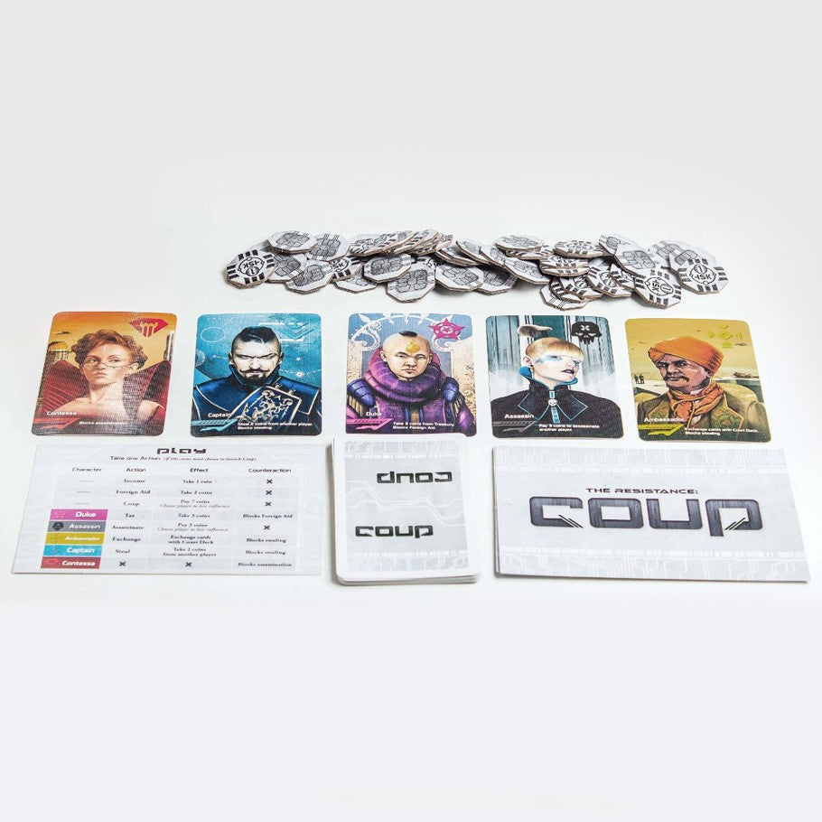 Coup - Coup card game set with five character cards, white rulebook, two decks of white cards, and silver coins on a white.