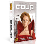 Coup - Coup card game box featuring a stylized portrait of a woman in a red futuristic dress with cityscape background in gray.