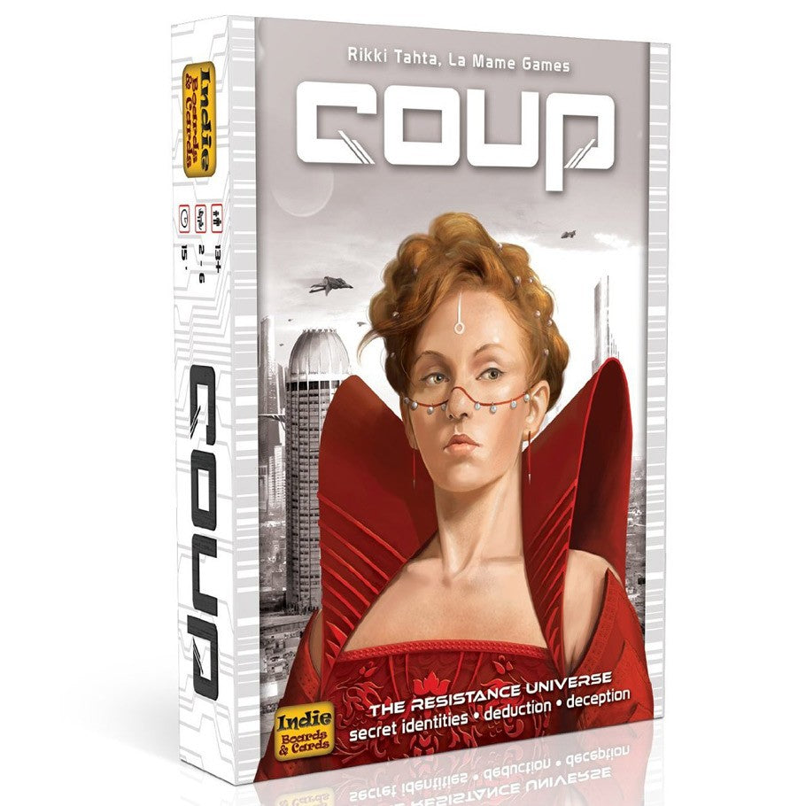 Coup - Coup card game box featuring a stylized portrait of a woman in a red futuristic dress with cityscape background in gray.