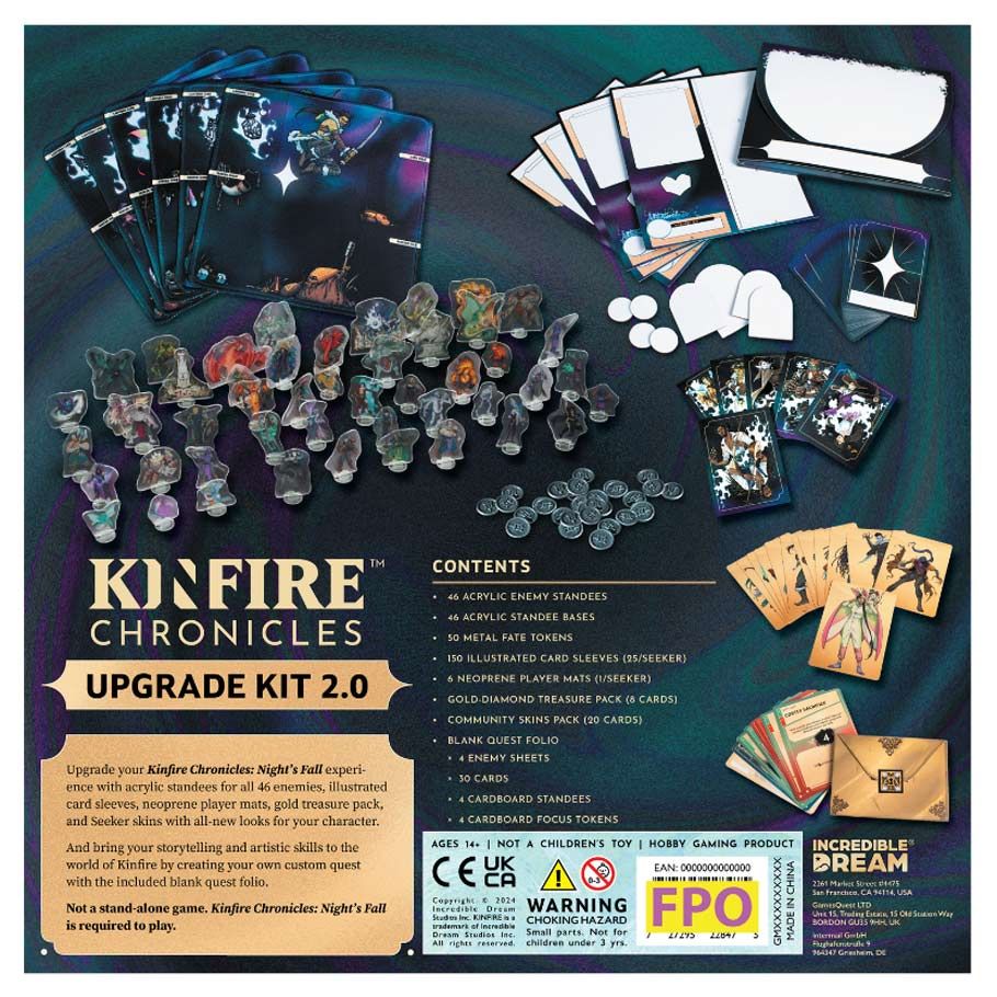 Kinfire Chronicles: Night's Fall Upgrade Kit 2.0 - Kinfire Chronicles Night’s Fall Upgrade Kit 2.0 featuring colorful illustrated cards, numerous detailed plastic miniatures,.