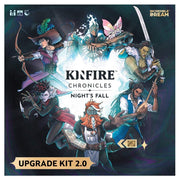 Kinfire Chronicles: Night's Fall Upgrade Kit 2.0 - Dark-themed board game box with fantasy warriors in dynamic poses and glowing weapons, labeled Kinfire Chronicles Night’s.