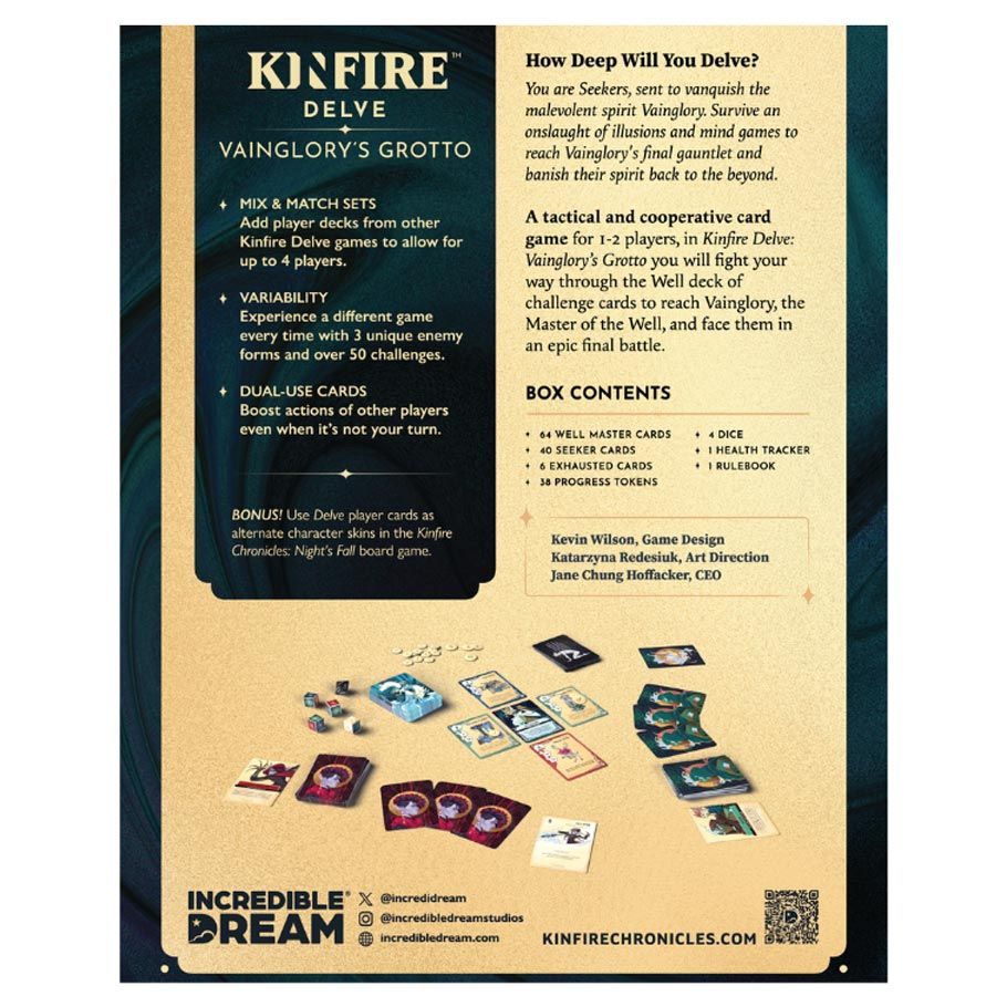 Kinfire Delve: Vainglory's Grotto - Vainglory's Grotto card game box with detailed text and colorful game cards featuring fantasy artwork on a beige background.