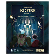 Kinfire Delve: Vainglory's Grotto - Dark blue and green fantasy-themed game box with glowing light pillars, fairy-like creatures, and a cloaked figure facing.