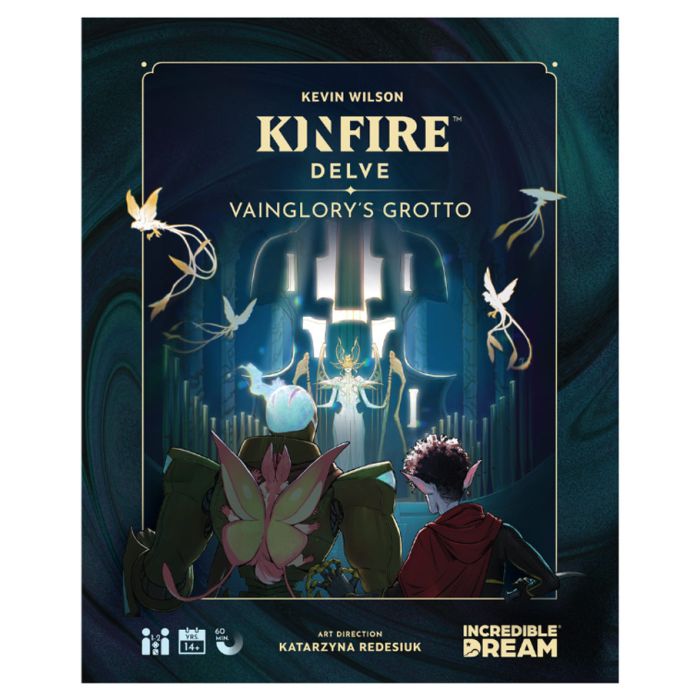 Kinfire Delve: Vainglory's Grotto - Dark blue and green fantasy-themed game box with glowing light pillars, fairy-like creatures, and a cloaked figure facing.